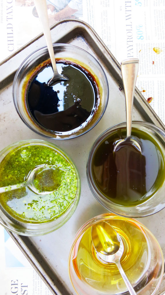 Crostini Recipe Sauces: Reduced Balsamic Vinegar, Basil Oil, Pesto, and Honey