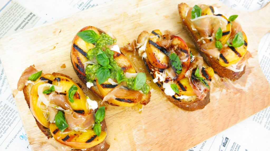 Summer Crostini Recipe with Grilled Peaches, Prosciutto, Burrata, and Basil