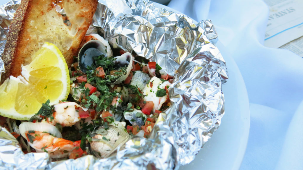 Grilled Seafood Packet - Shrimp & Clams with White Wine, Herbs, and Garlic Toast