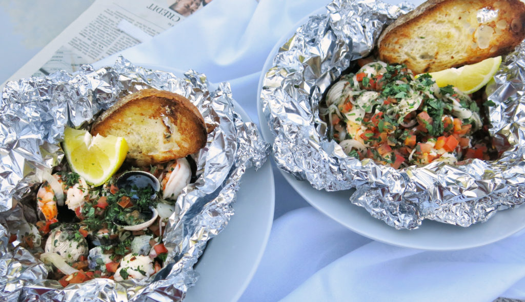 Grilled Seafood Packet - Shrimp & Clams with White Wine, Herbs, and Garlic Toast