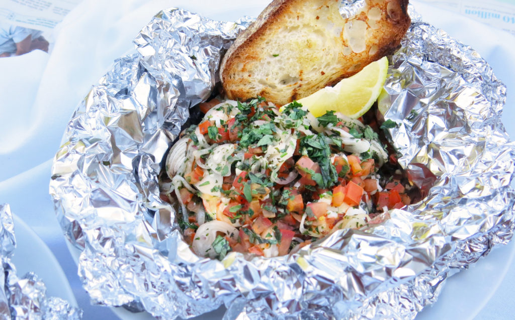 Grilled Seafood Packet - Shrimp & Clams with White Wine, Herbs, and Garlic Toast