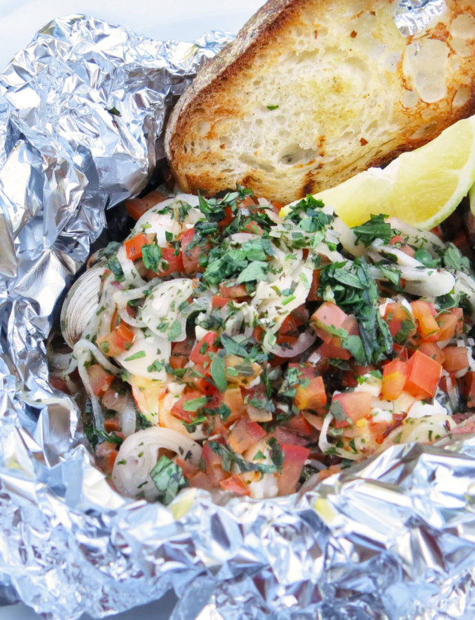 Grilled Seafood Packet –  Shrimp & Clams with White Wine, Herbs, and Garlic Toast