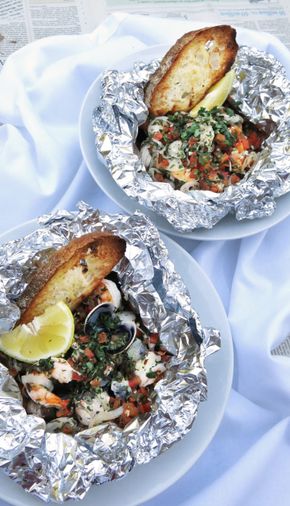 Grilled Seafood Packet - Shrimp & Clams with White Wine, Herbs, and Garlic Toast