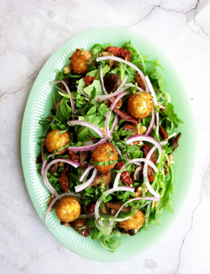 Arugula Salad with Fried Goat Cheese Balls and Balsamic Glaze