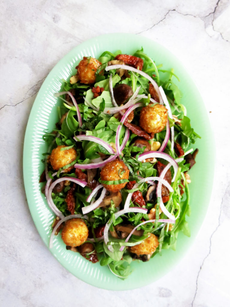 Arugula Salad with Fried Goat Cheese Balls - Olives & Lamb