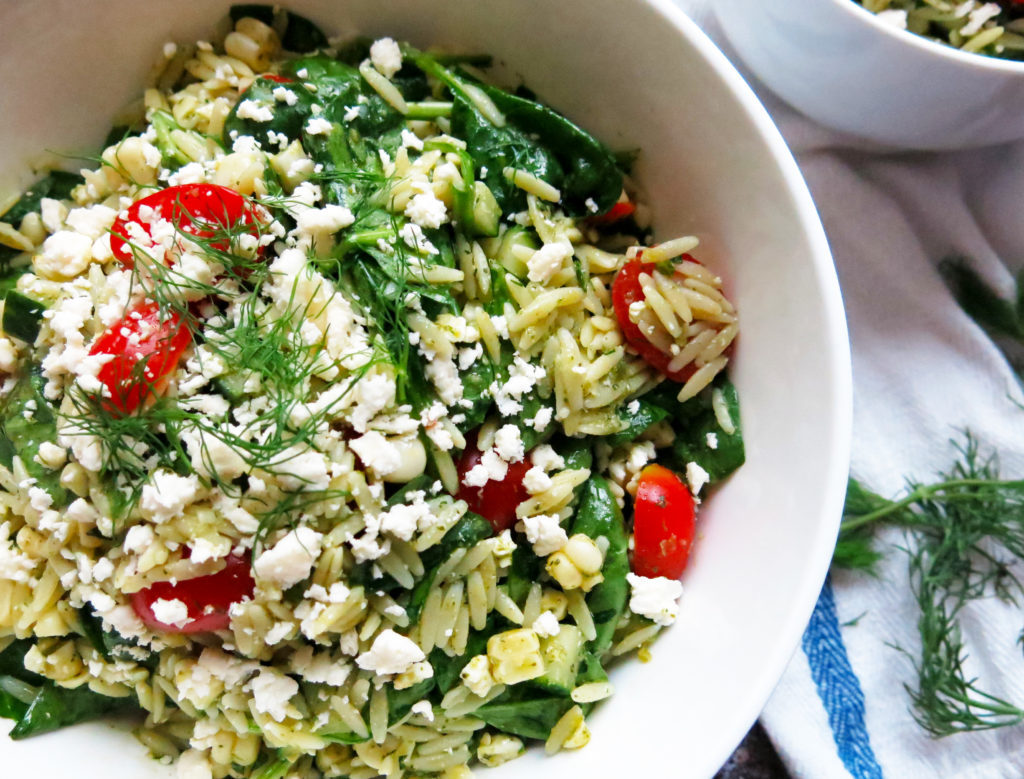 Close up orzo pasta salad