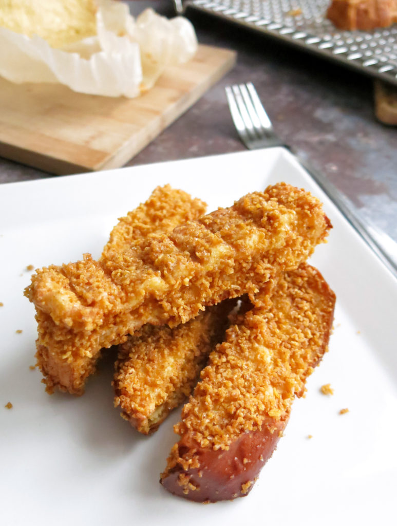 Plated Cinnamon and Cornflake Crusted French Toast Sticks