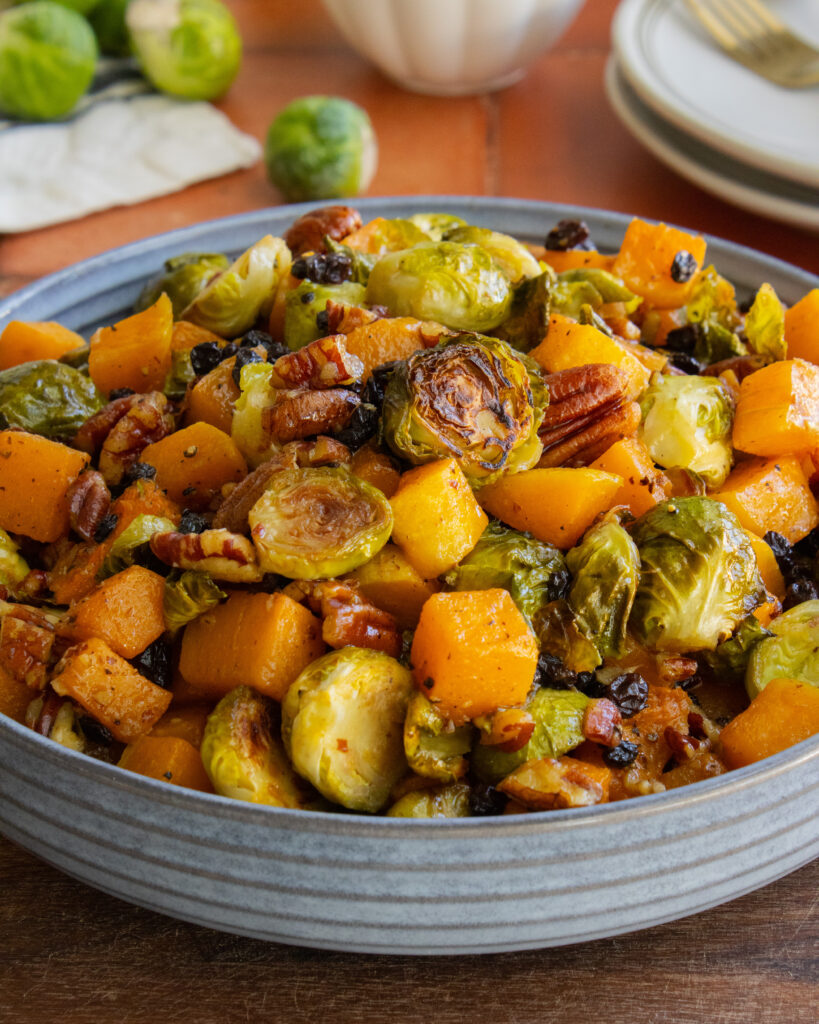 Apple Cider Roasted Brussels Sprouts and Butternut Squash in a bowl