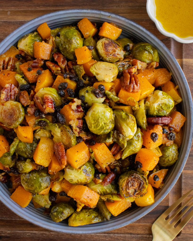 overhead shot of Apple Cider Roasted Brussels Sprouts and Butternut Squash