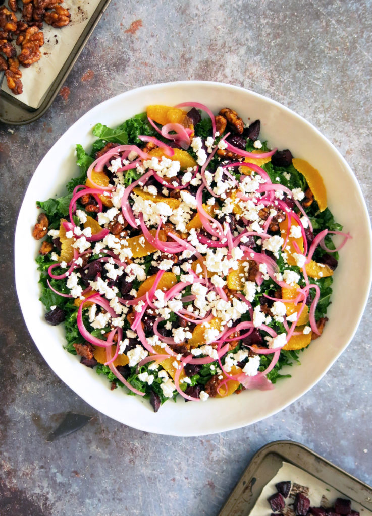 overhead shot of citrus beet &kale salad