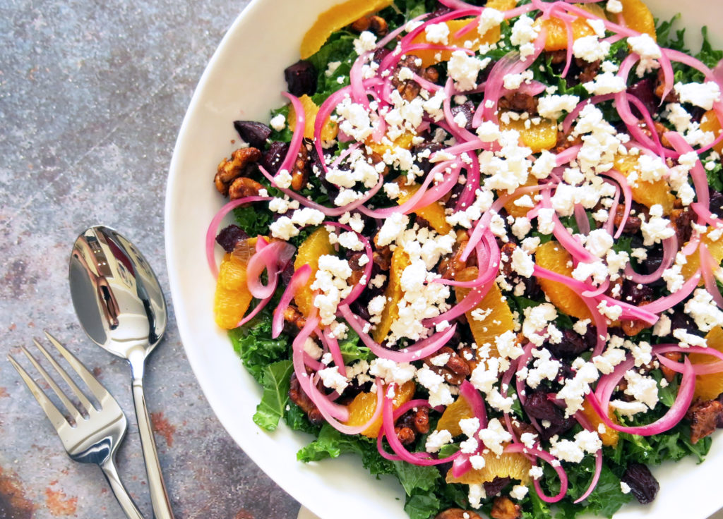 horizontal shot of citrus beet & kale salad
