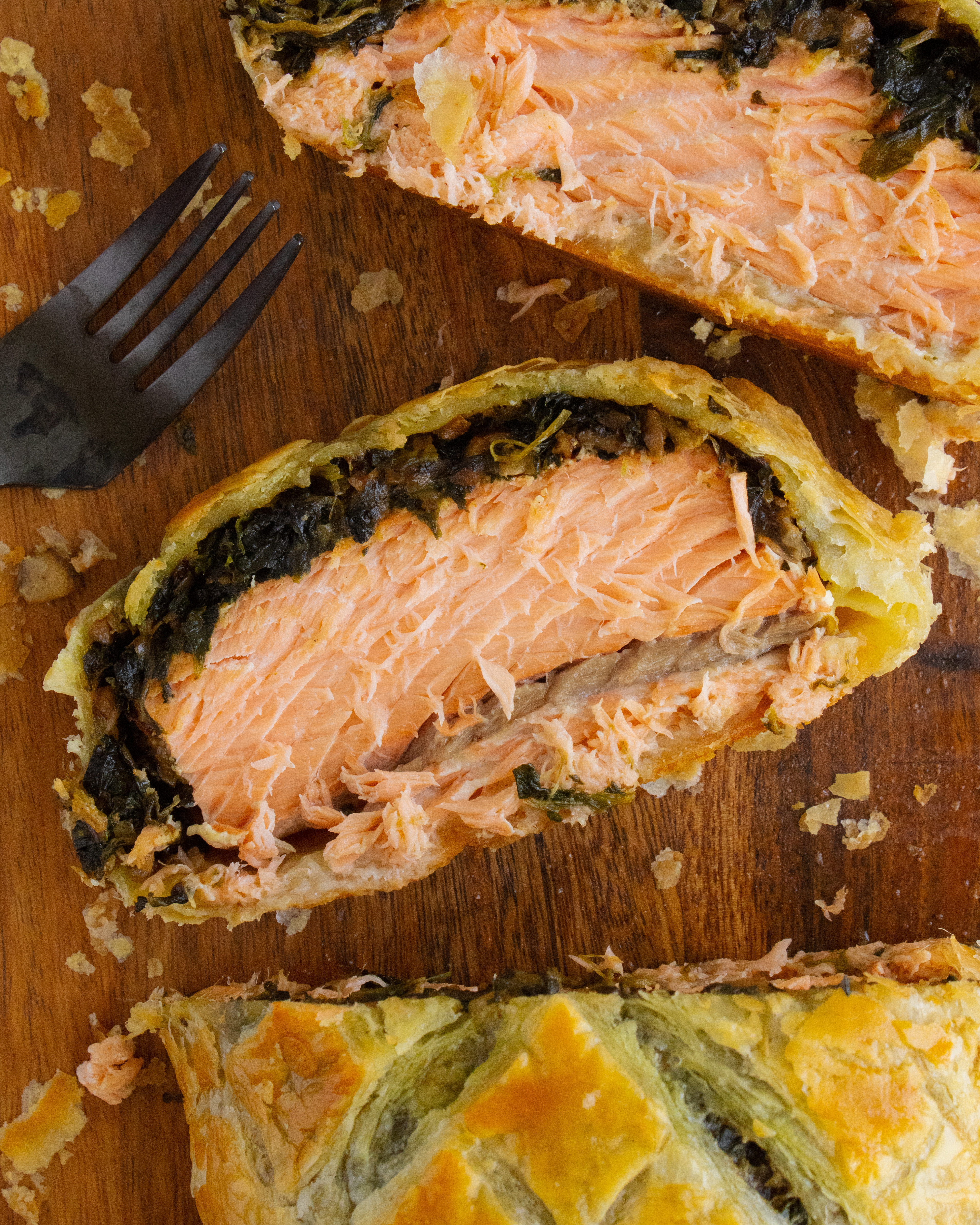 overhead close up of Salmon Wellington slice