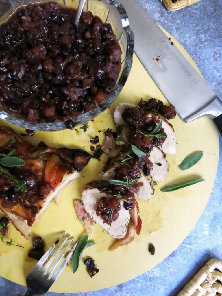 Bacon Wrapped Pork Tenderloin topped with Apple Chutney