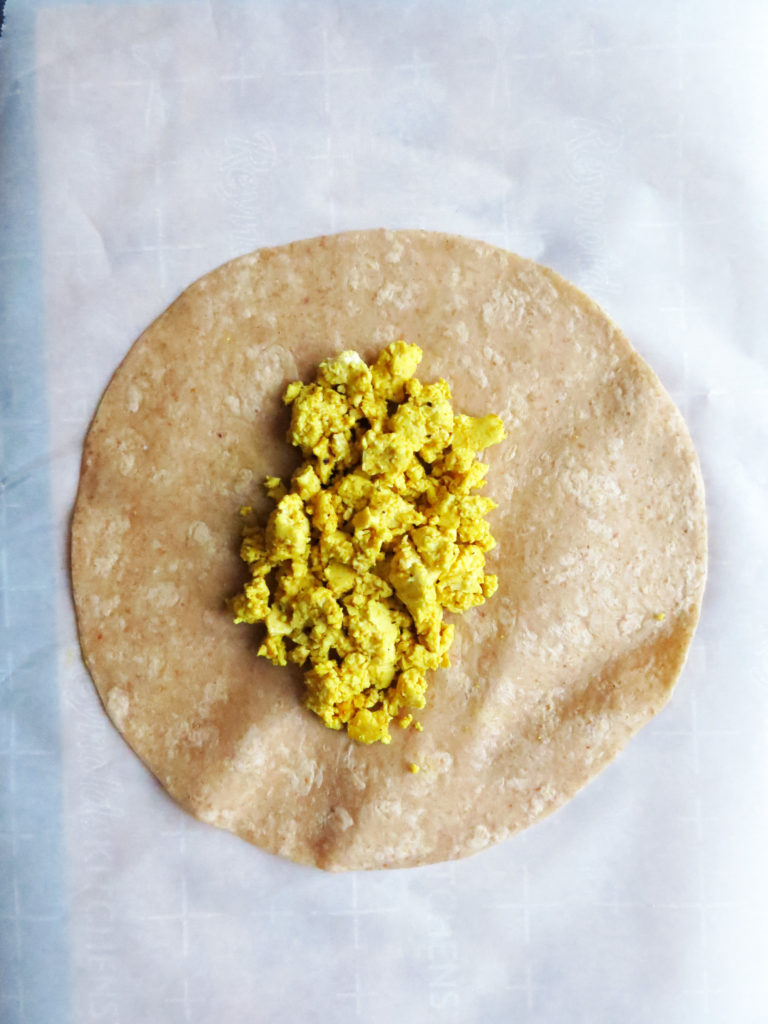 Cross section of Vegan Breakfast Burritos with scrambled eggs