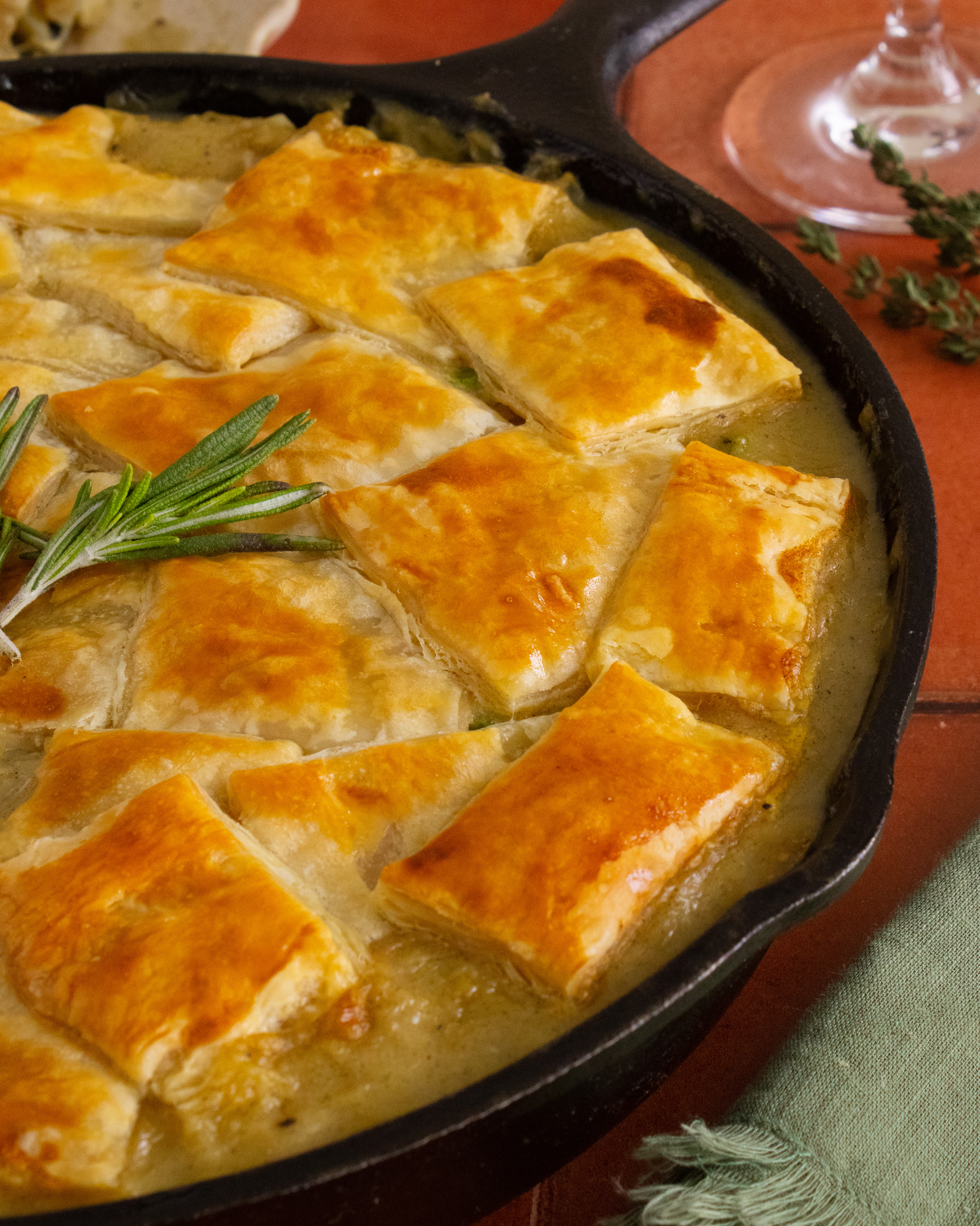 close up of puff pastry top on Chicken Pot Pie