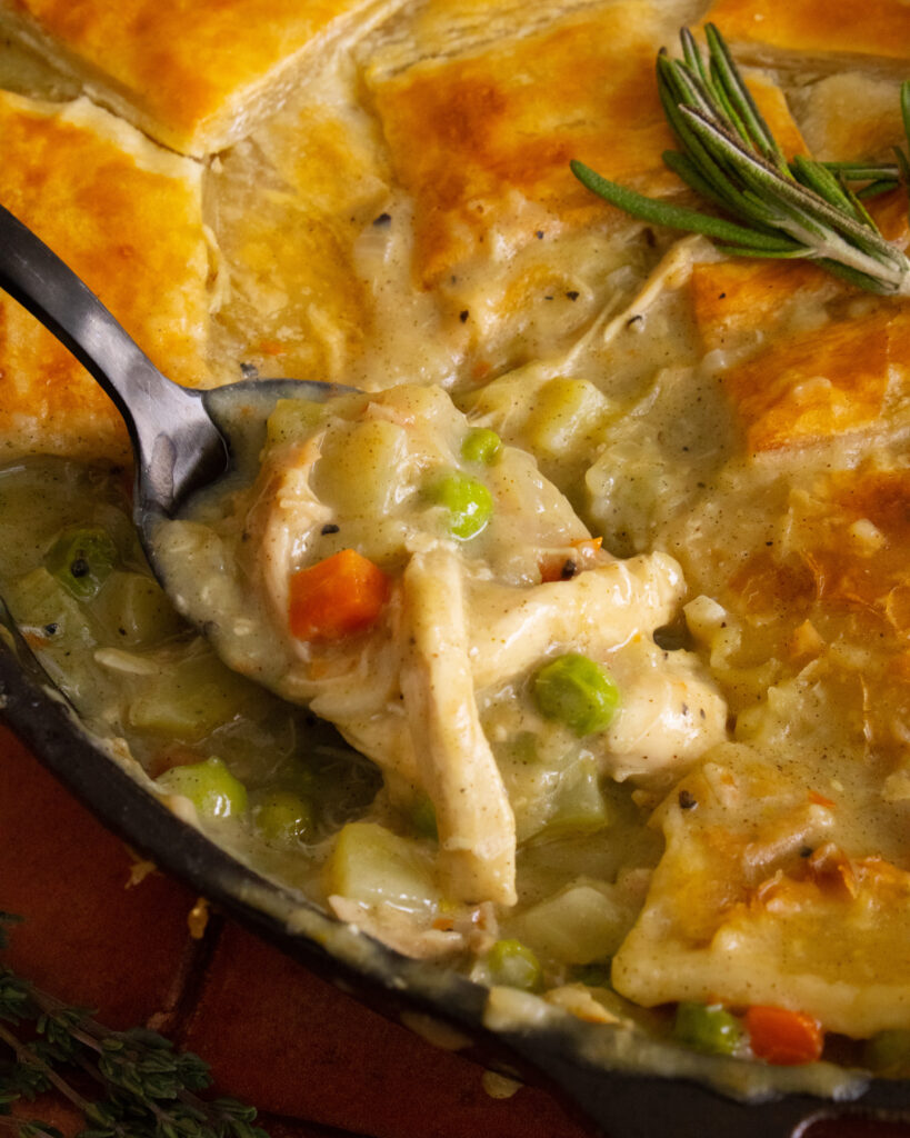 close up of a spoonful of Chicken Pot Pie filling