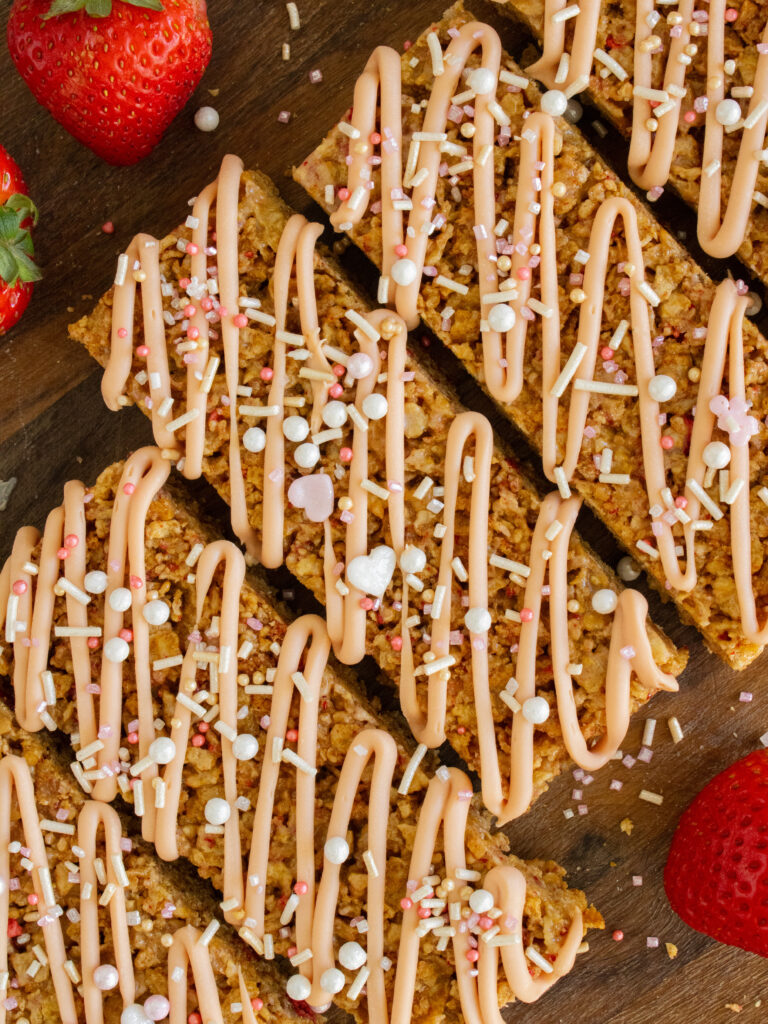 overhead shot of Strawberry Cereal Bars in a line