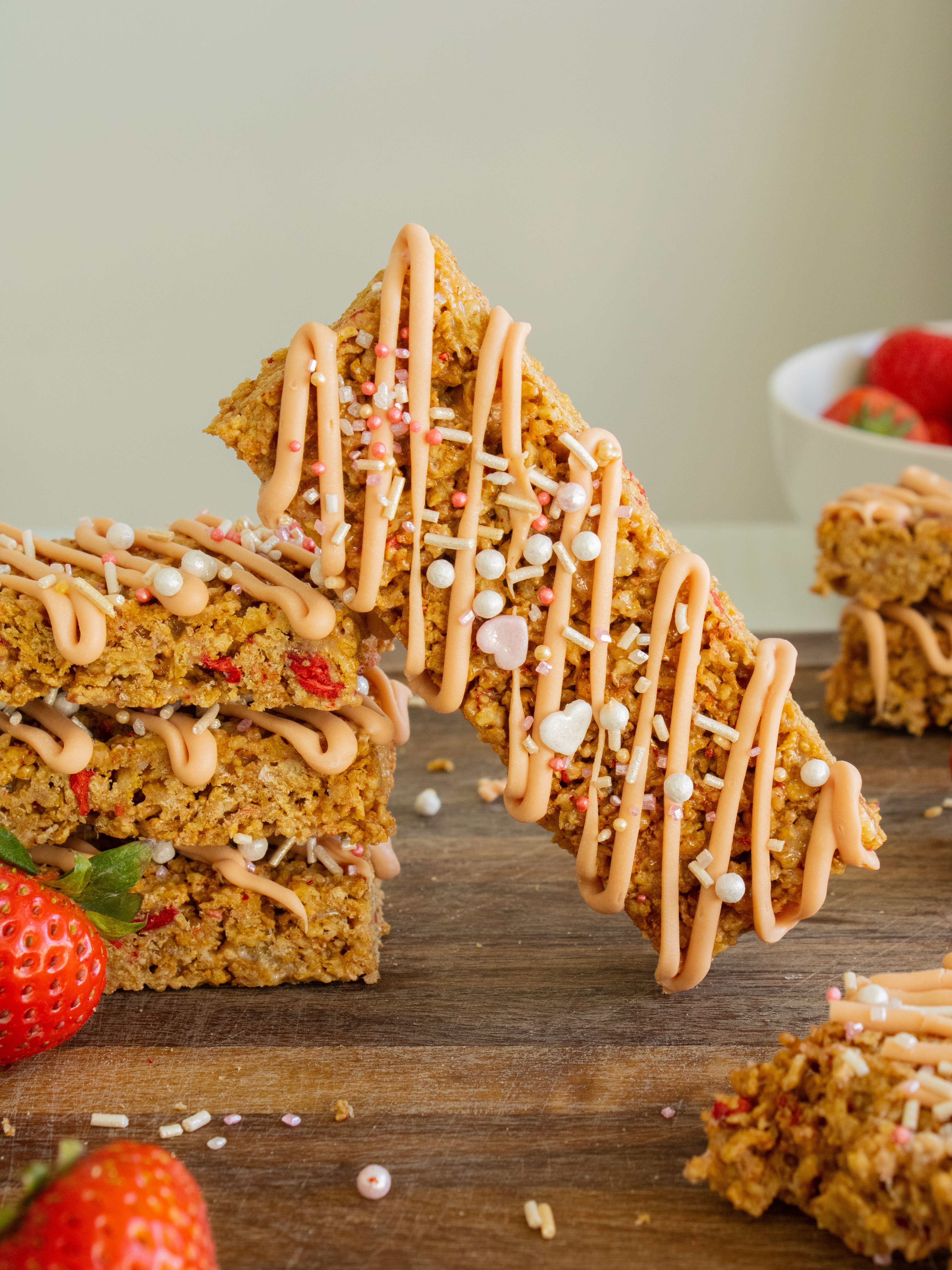Strawberry Cereal Bar leaning on a stack