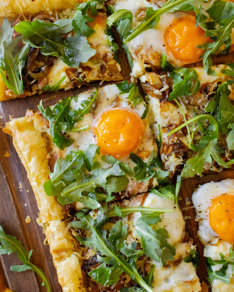 over head close up shot of Breakfast Puff Pastry Tart slices