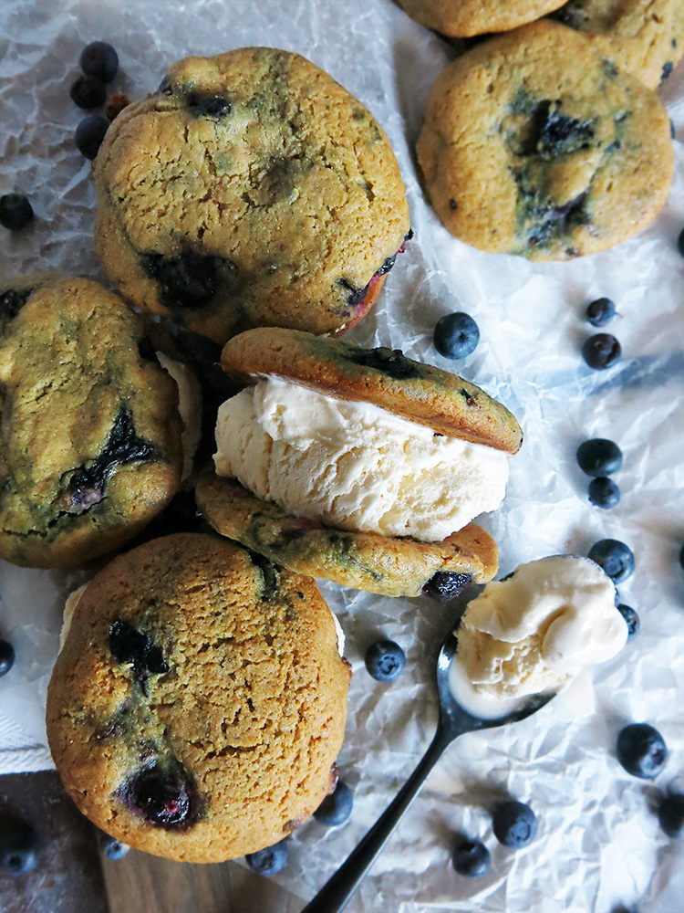 Blueberry & Honey Cornbread Cookie Ice Cream Sandwiches