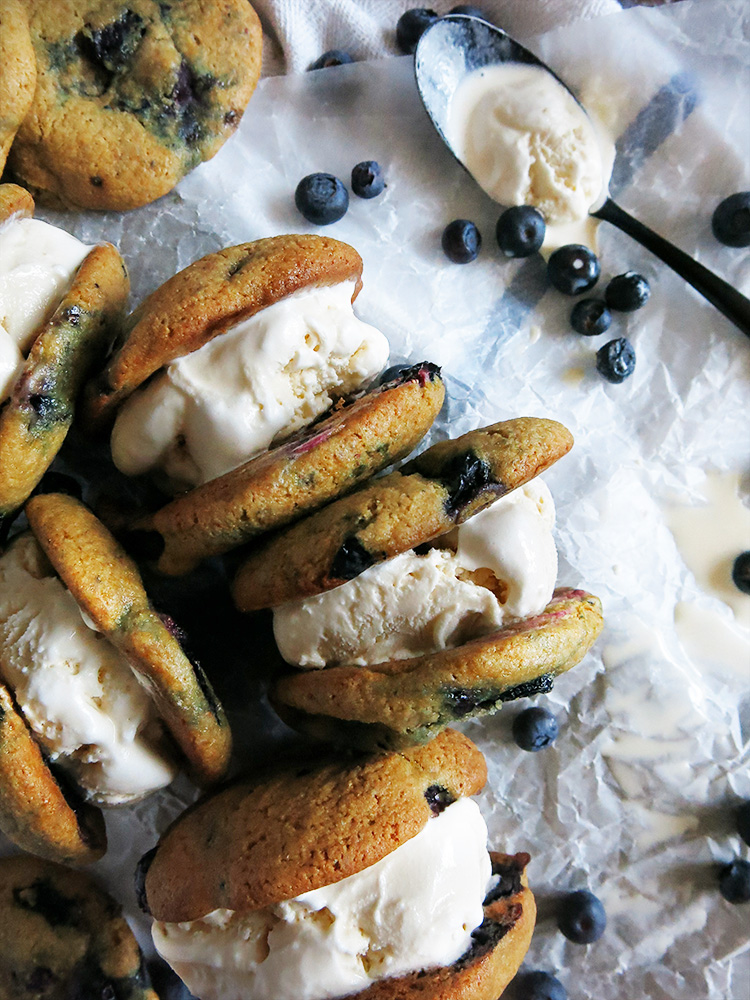 Blueberry Honey Cornbread Cookie Ice Cream Sandwiches
