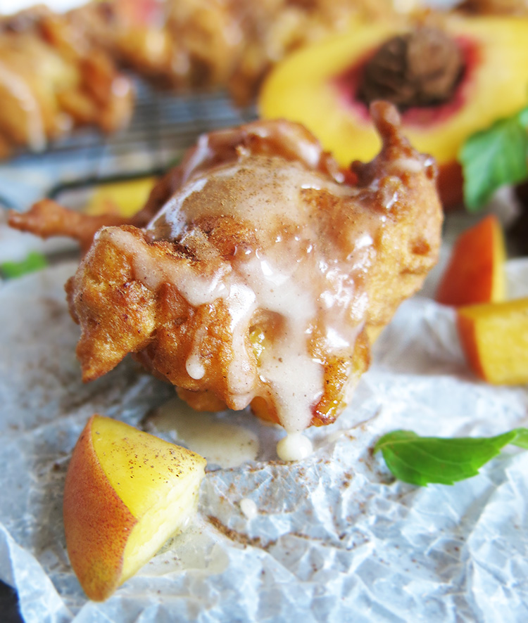 Peach Fritters with icing drip