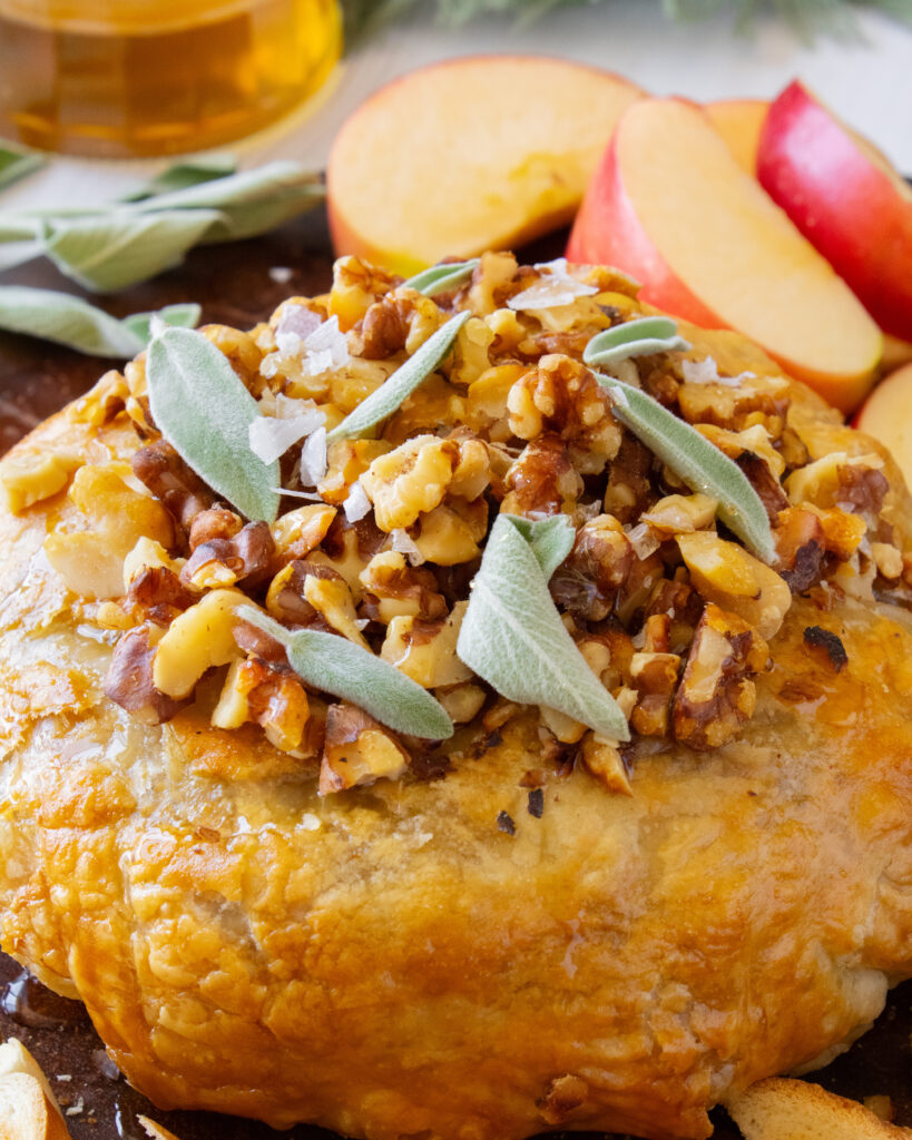 close up of the toppings on Baked Brie with Caramelized Apples