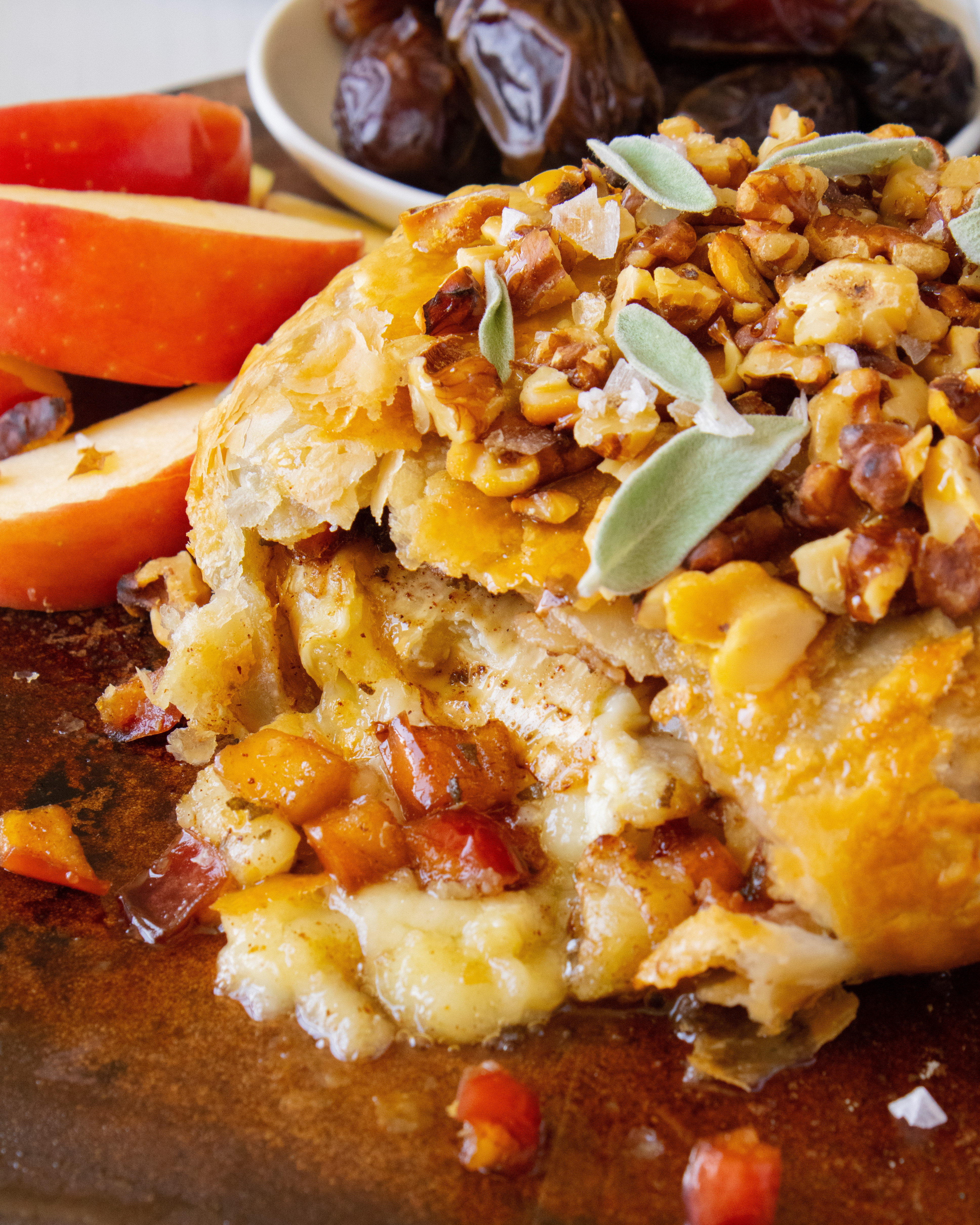 close up of the inside of Baked Brie with Caramelized Apples