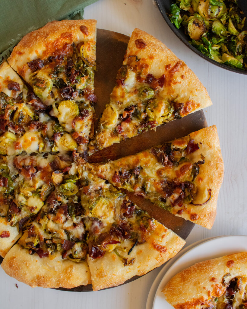 overhead shot of Brussels Sprouts & Bacon Pizza