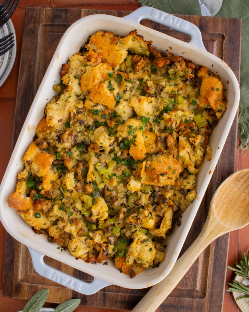 overhead shot of Thanksgiving Sausage Stuffing in casserole dish