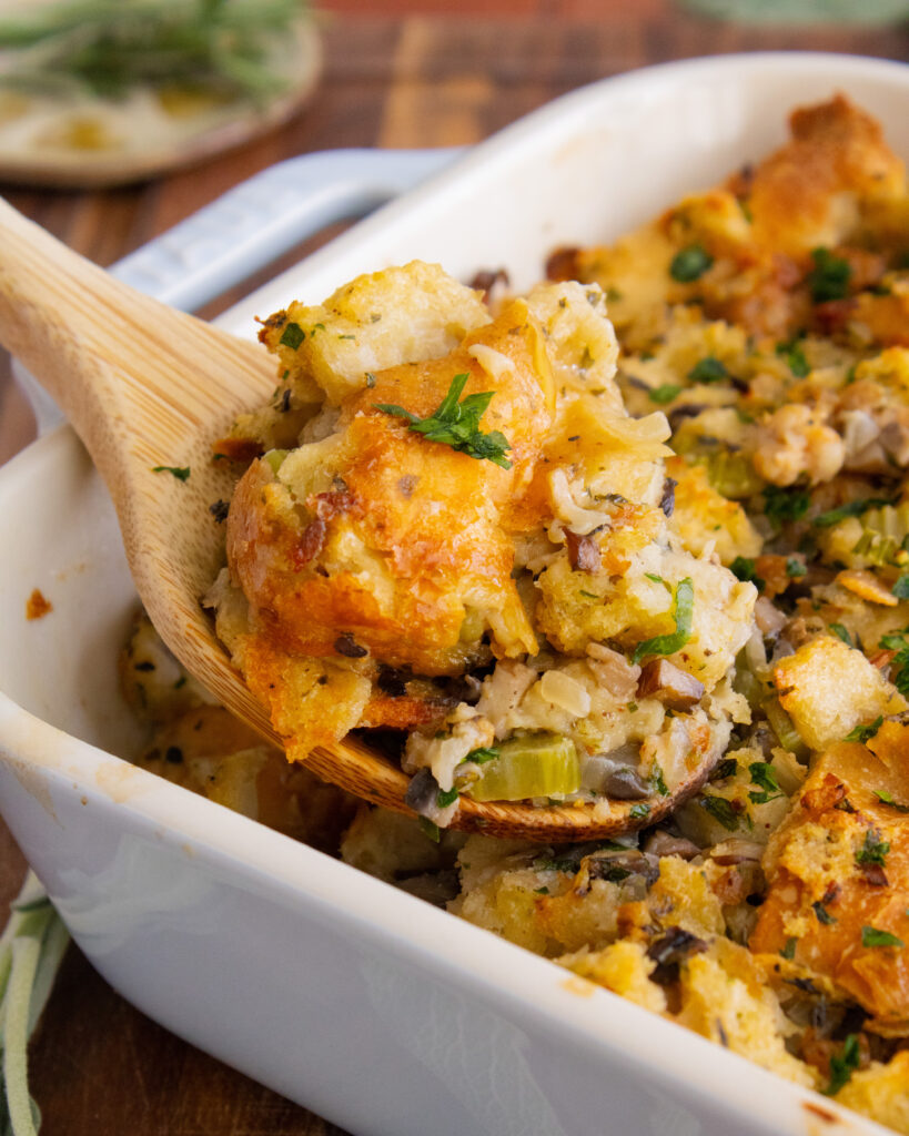 close up of a spoonful of Thanksgiving Sausage Stuffing