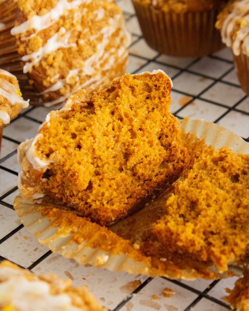 Gingerbread Crumb Muffins broken in half to see the inside