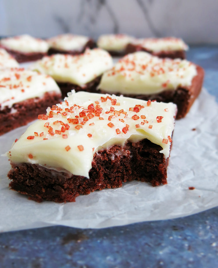 bite shot of red velvet bars