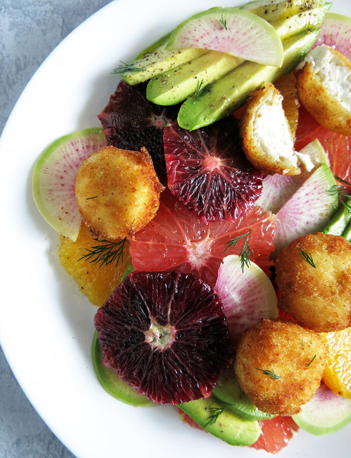 Citrus Avocado Salad with Fried Goat Cheese Balls