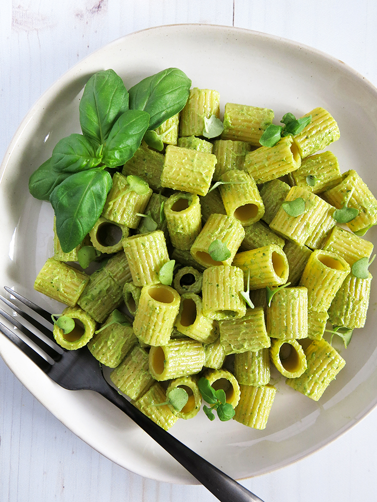 Vegan Avocado Pesto with rigatoni top down shot