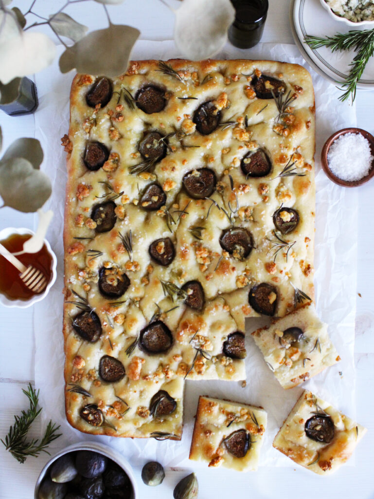 Top down shot of Whole Honey Fig and Gorgonzola Focaccia