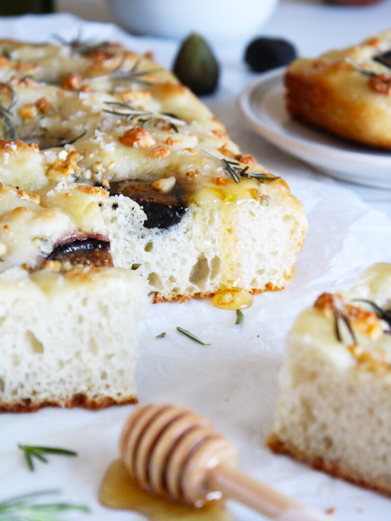 honey dripping from Honey Fig and Gorgonzola Focaccia