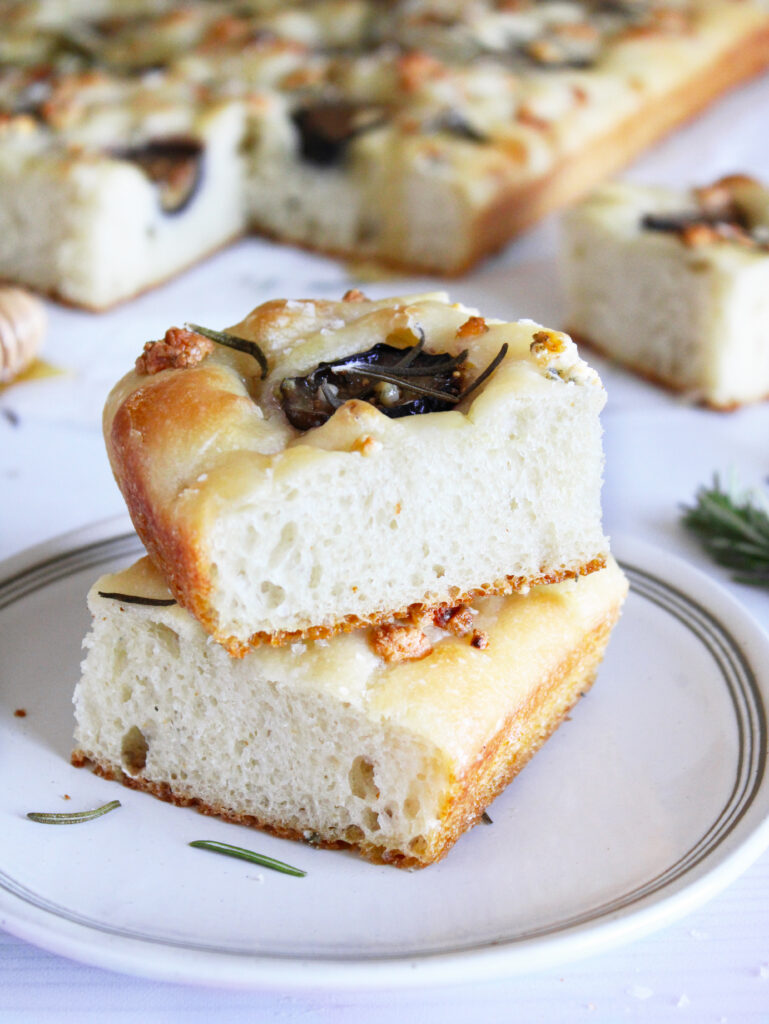Stacked sliced of Honey Fig and Gorgonzola Focaccia