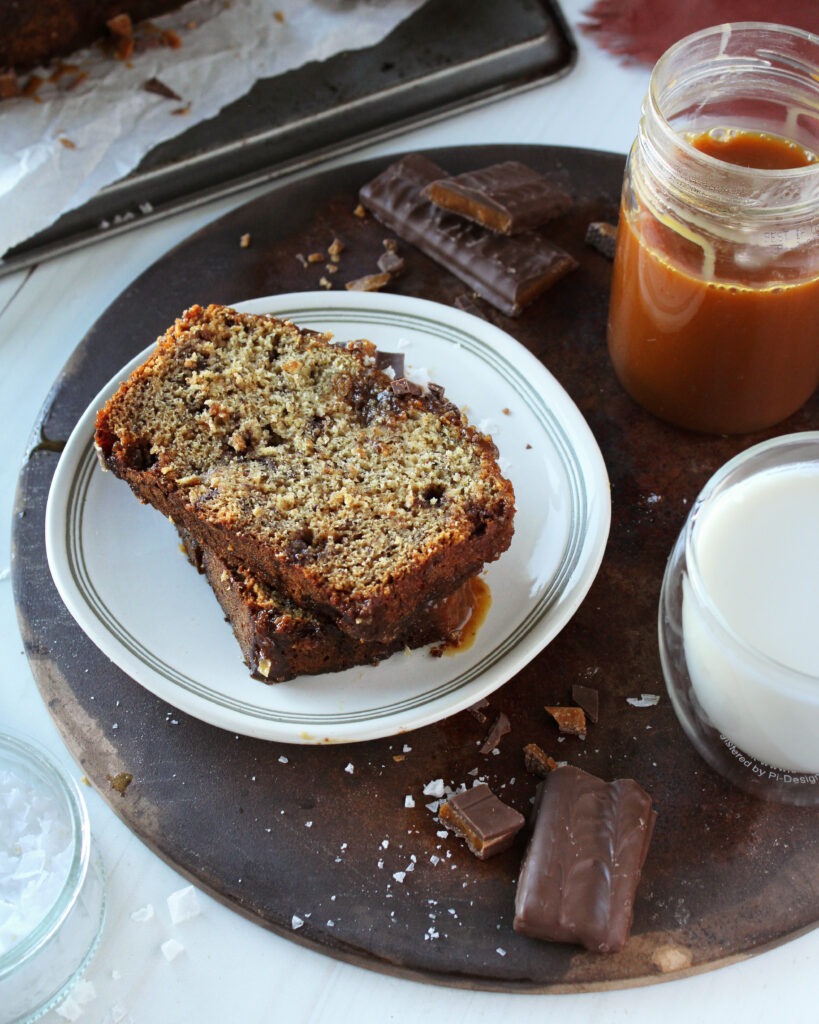 This Salted Caramel Toffee Banana Bread Slices on plate
