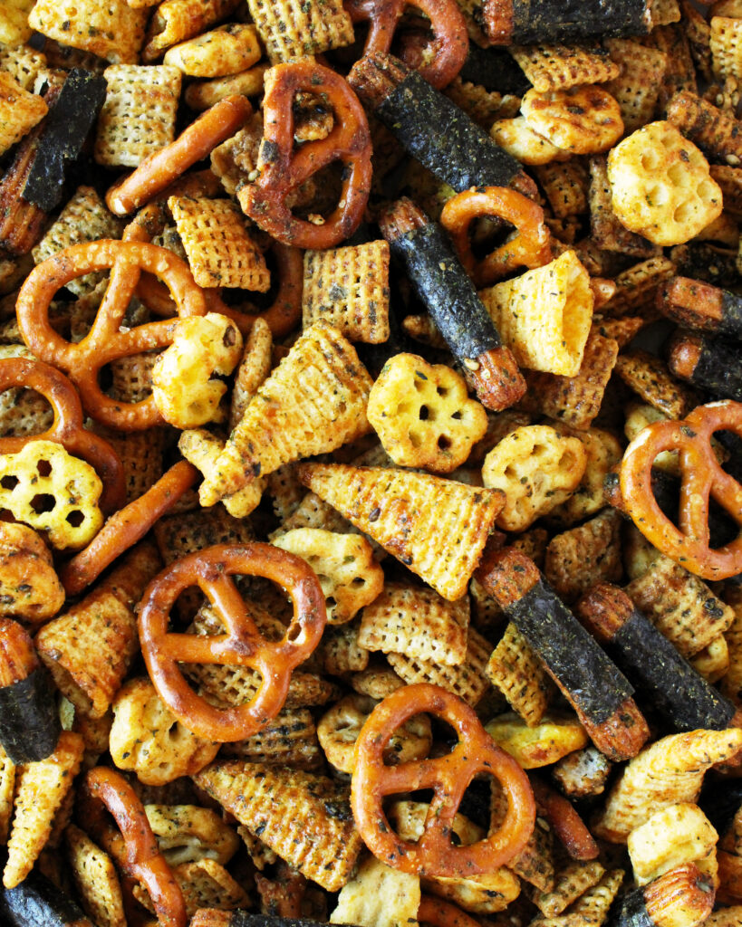 Macro overhead shot of Miso Furikake Snack Mix
