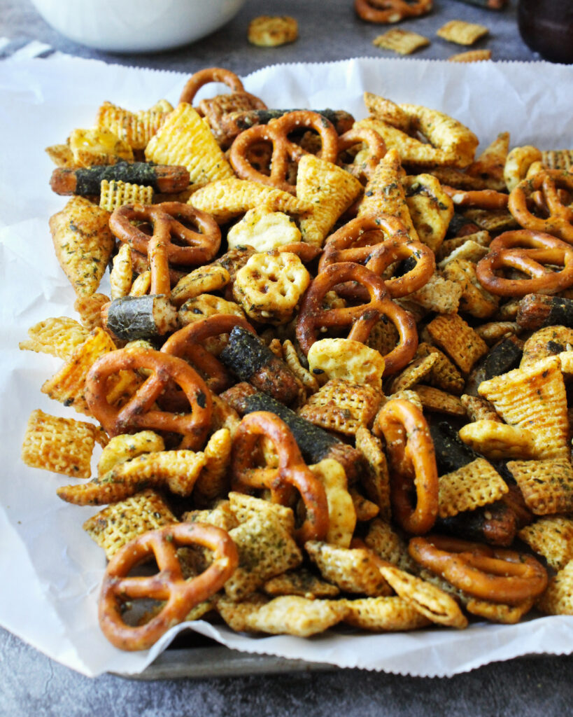 Miso Furikake Snack Mix on baking sheet
