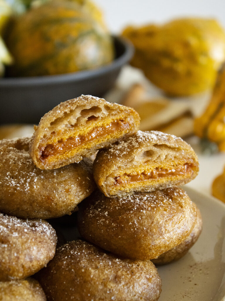 Close up of a stack of pumpkin spice fried oreos