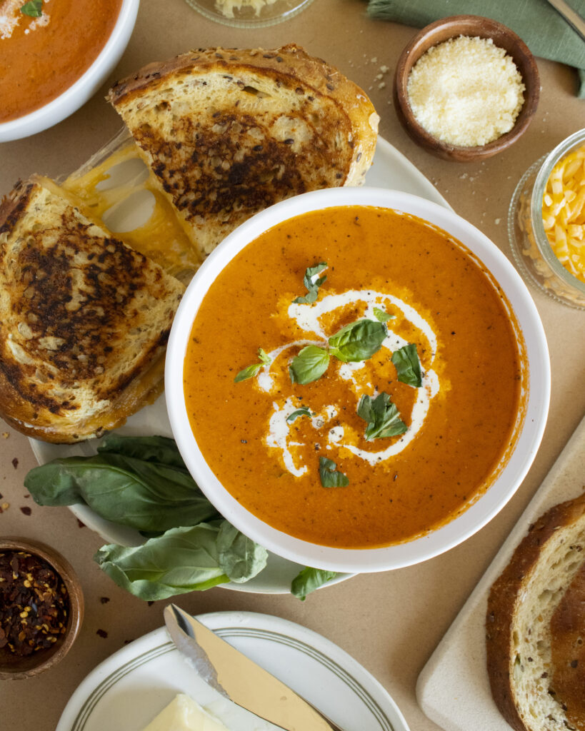 Overhead shot of Roasted Tomato Soup and Grilled Cheese 