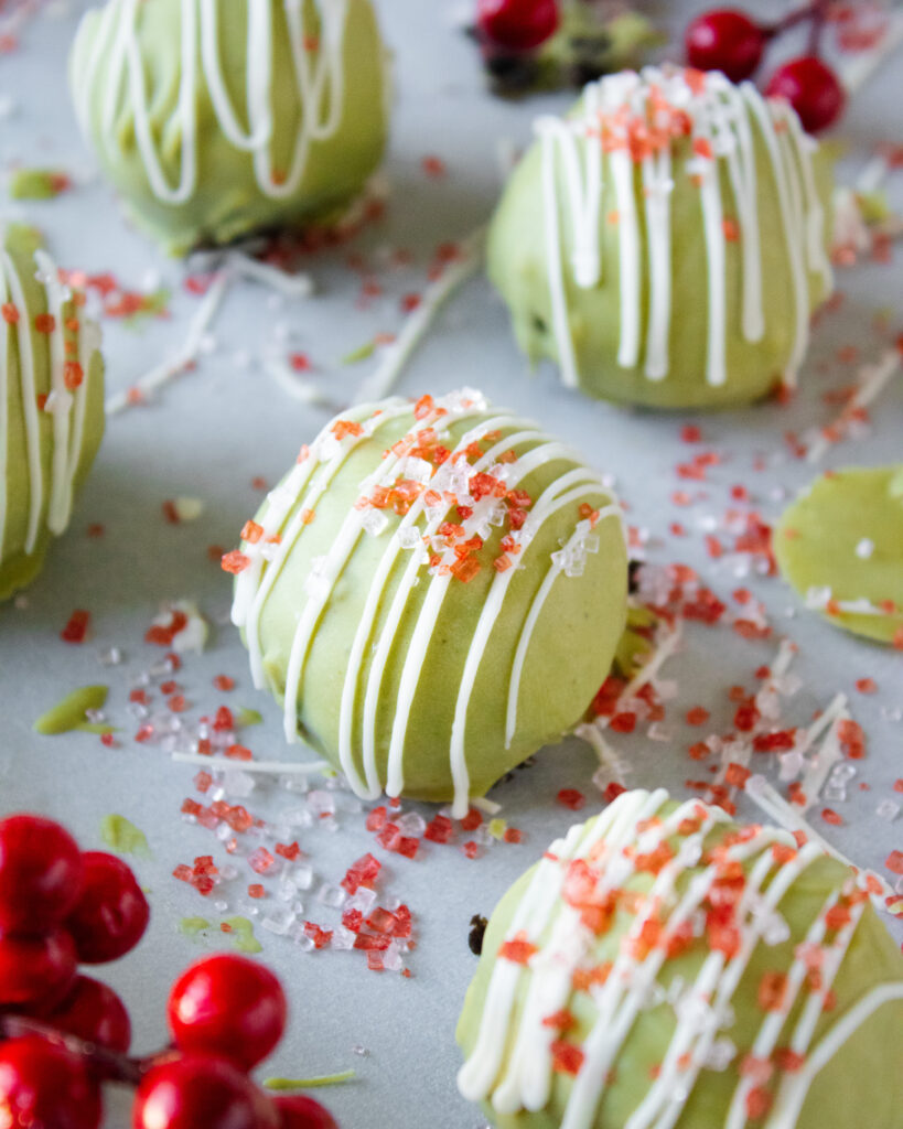 High angle of decorated Matcha Oreo Truffles