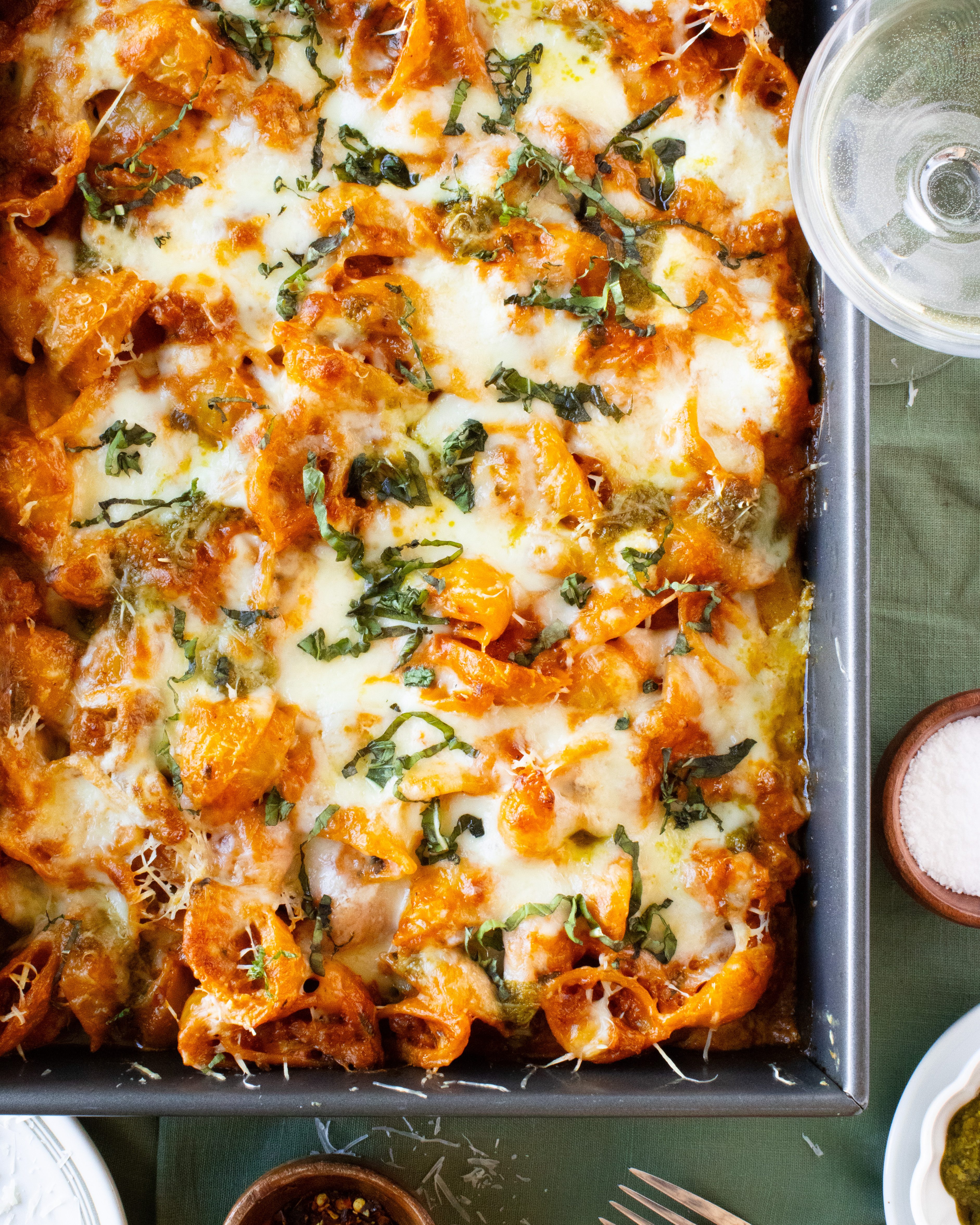 top down shot of Spicy Vodka Pasta Bake
