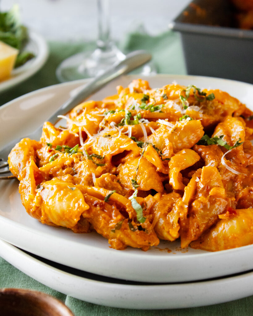 Spicy Vodka Pasta Bake served on a plate