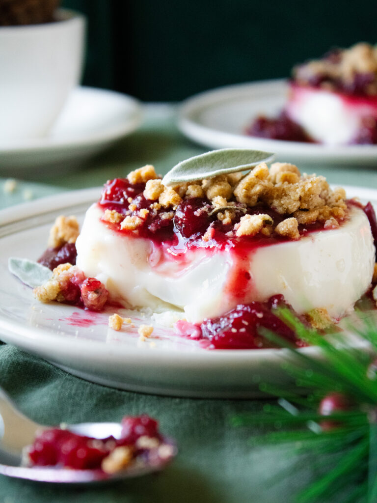 Macro shot of White Chocolate Cranberry Panna Cotta with a bite taken out