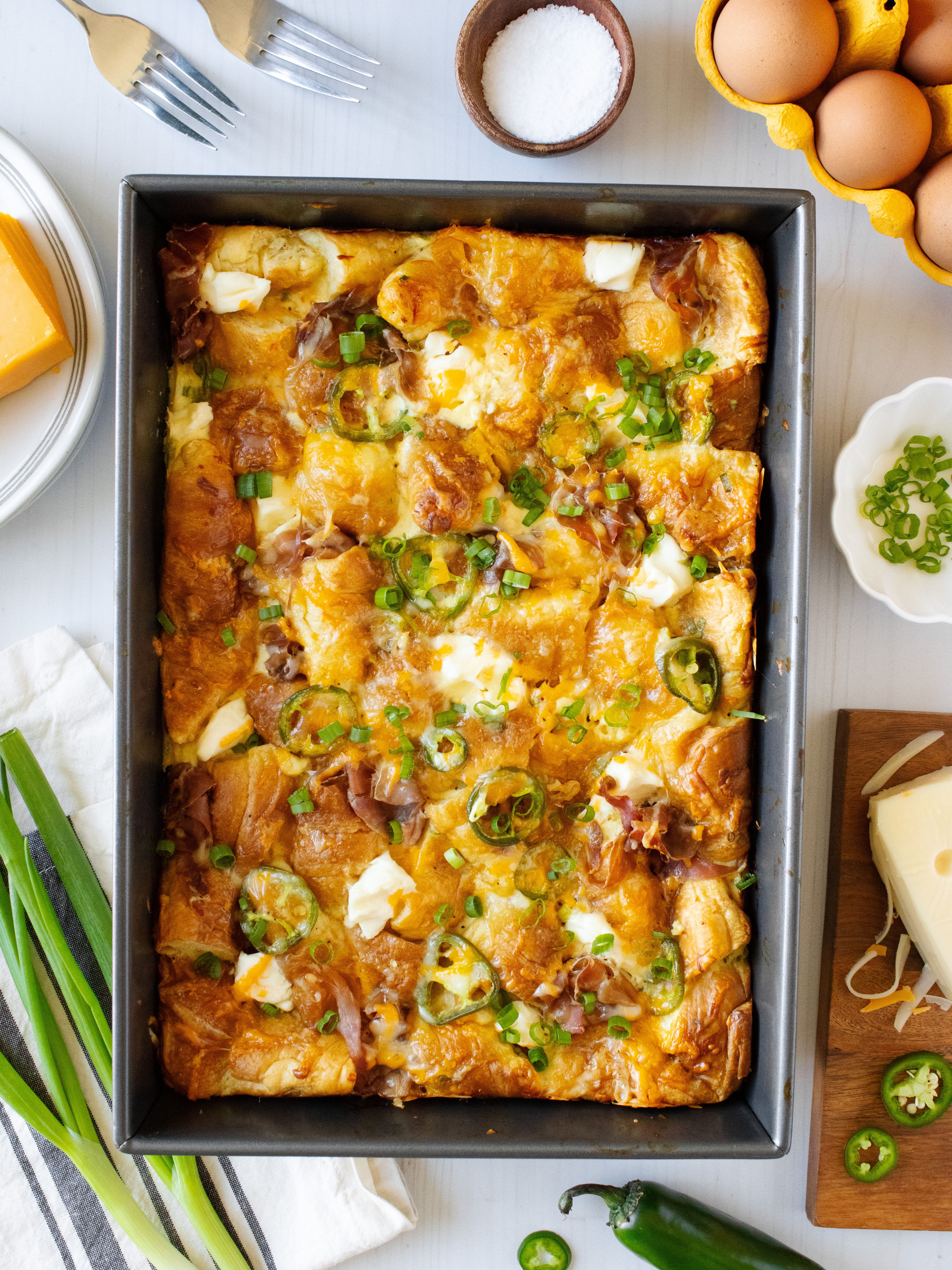 Overhead shot of Cheesy Jalapeño Croissant Bake