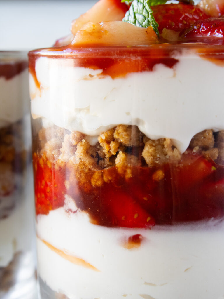 macro shot of layers of Strawberry Guava Cheesecake Parfaits