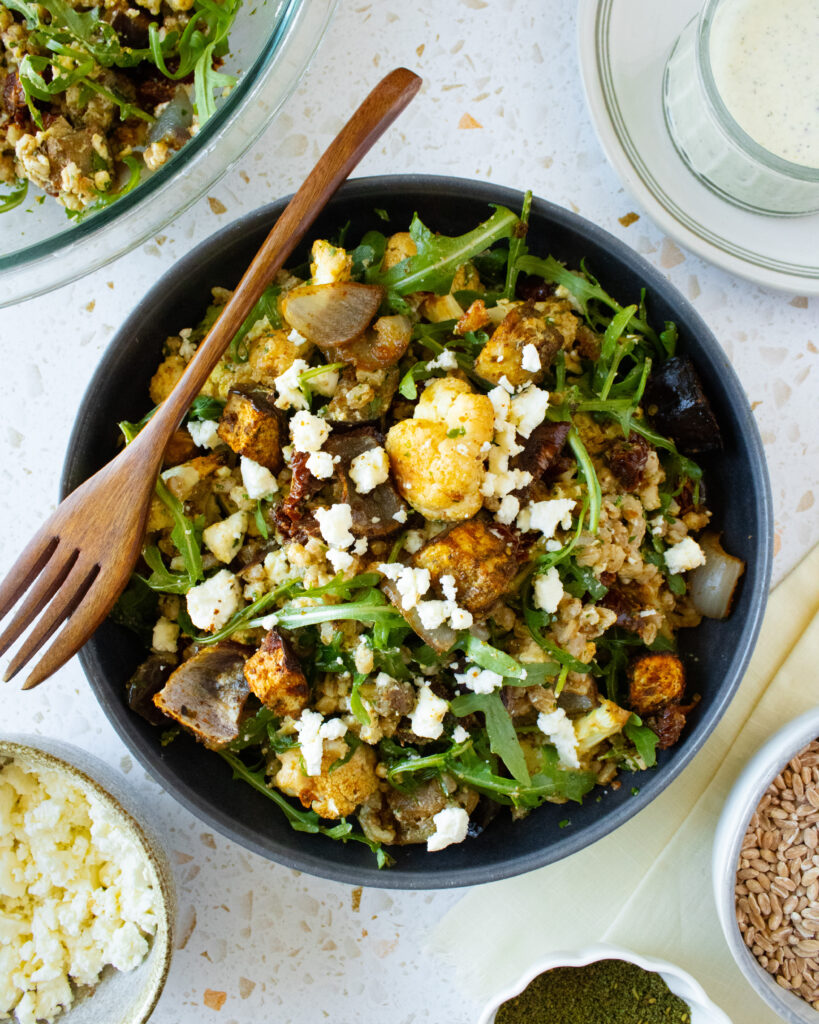 top dpwn shot of Za'atar Roasted Vegetable Farro Salad